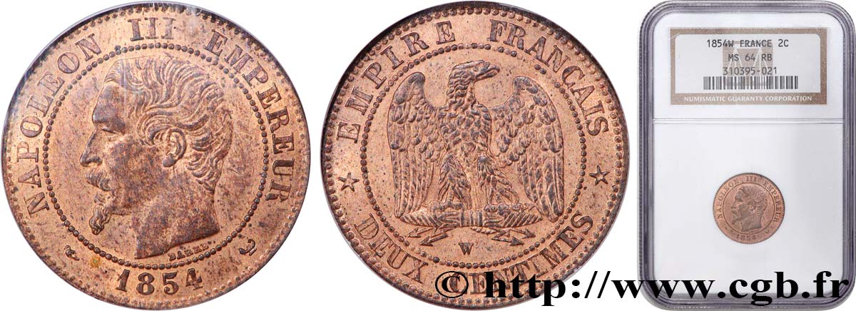 Deux centimes Napoléon III, tête nue 1854 Lille F.107/18 fST64 NGC