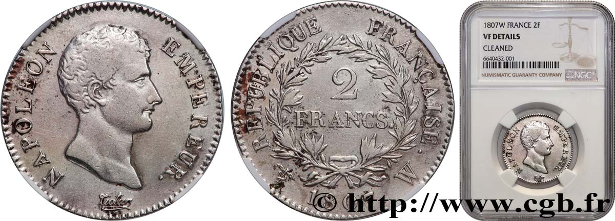 2 francs Napoléon Empereur, Calendrier grégorien 1807 Lille F.252/16 MB NGC