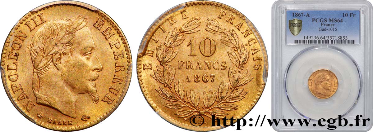 10 francs or Napoléon III, tête laurée 1867 Paris F.507A/15 fST64 PCGS