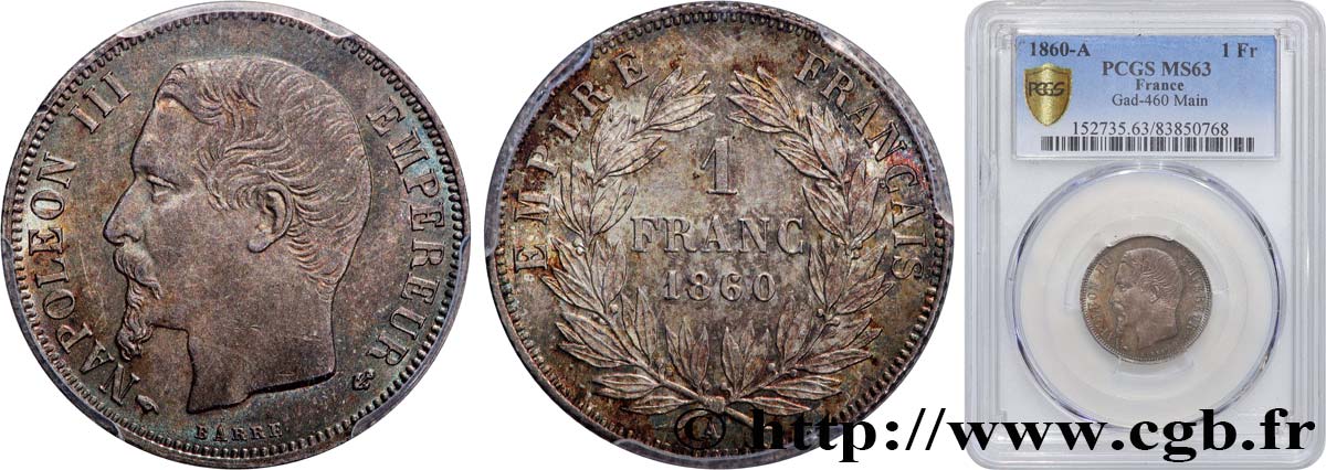 1 franc Napoléon III, tête nue 1860 Paris F.214/14 SPL63 PCGS