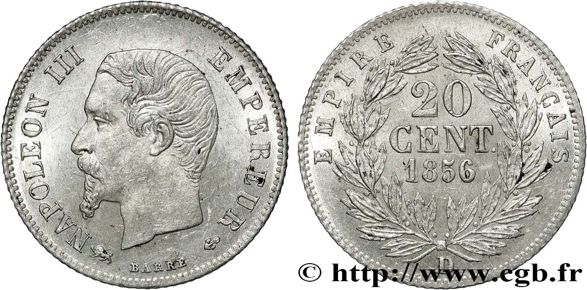20 centimes Napoléon III, tête nue 1856 Lyon F.148/6 VZ60 