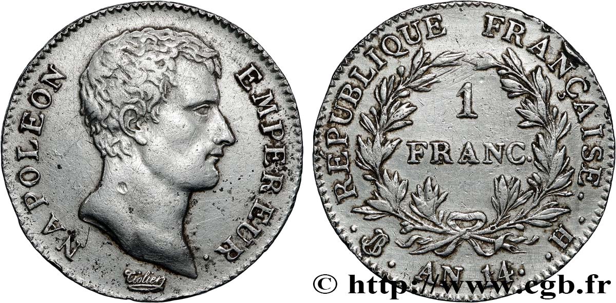 1 franc Napoléon Empereur, Calendrier révolutionnaire 1805 La Rochelle F.201/32 XF 