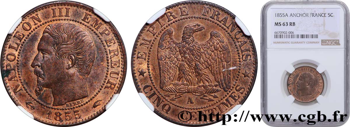 Cinq centimes Napoléon III, tête nue 1855 Paris F.116/17 SC63 NGC
