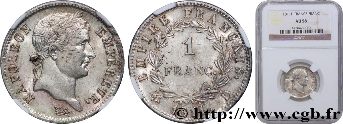 1 franc Napoléon Ier tête laurée, Empire français 1811 Lyon F.205/31 AU58 NGC