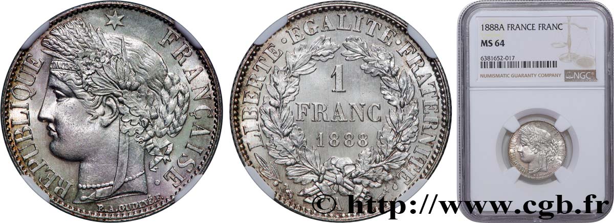 1 franc Cérès, IIIe République 1888 Paris F.216/10 MS64 NGC