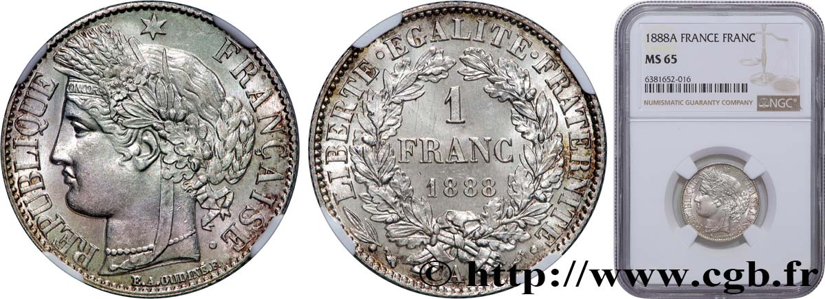 1 franc Cérès, IIIe République 1888 Paris F.216/10 MS65 NGC
