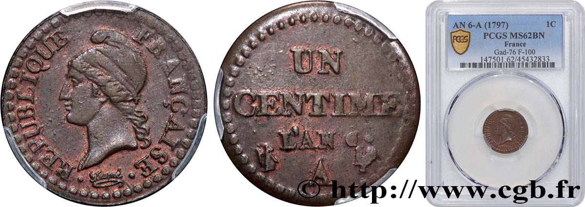 Un centime Dupré, petit 6 1798 Paris F.100/2 EBC62 PCGS