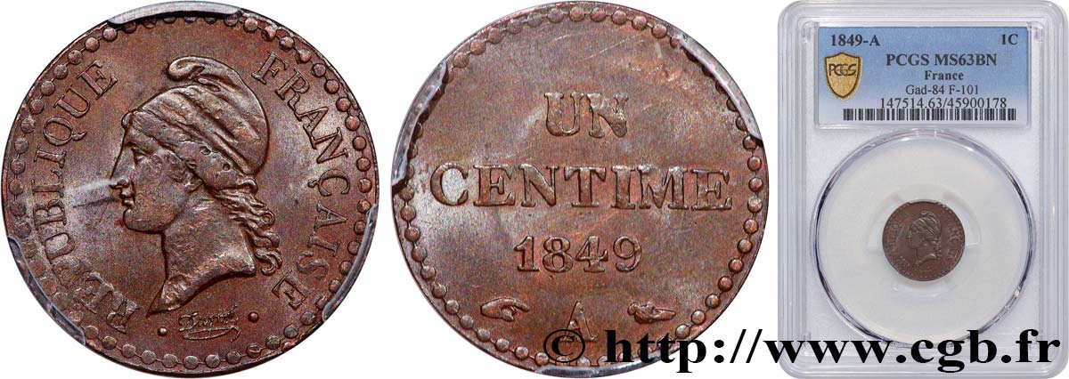 Un centime Dupré, IIe République 1849 Paris F.101/2 fST63 PCGS