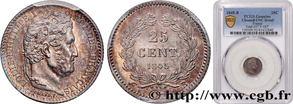 25 centimes Louis-Philippe 1845 Rouen F.167/1 SUP+ PCGS
