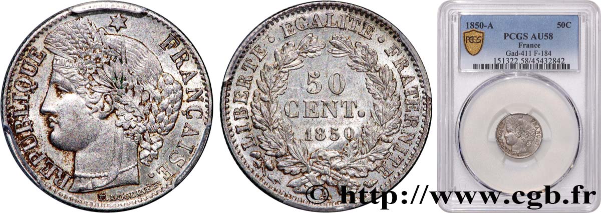 50 centimes Cérès, IIe République 1850 Paris F.184/2 SUP58 PCGS