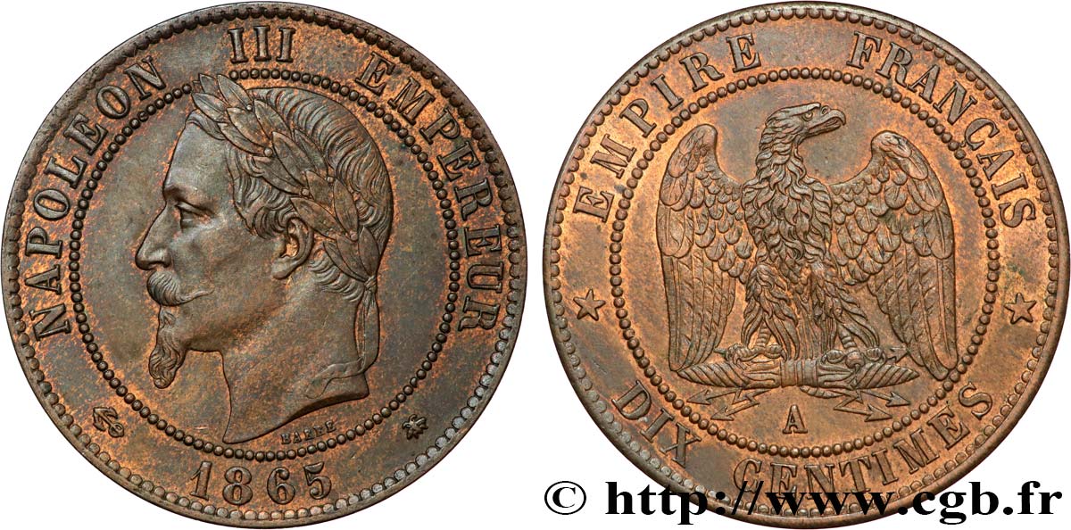 Dix centimes Napoléon III, tête laurée 1865 Paris F.134/16 VZ58 