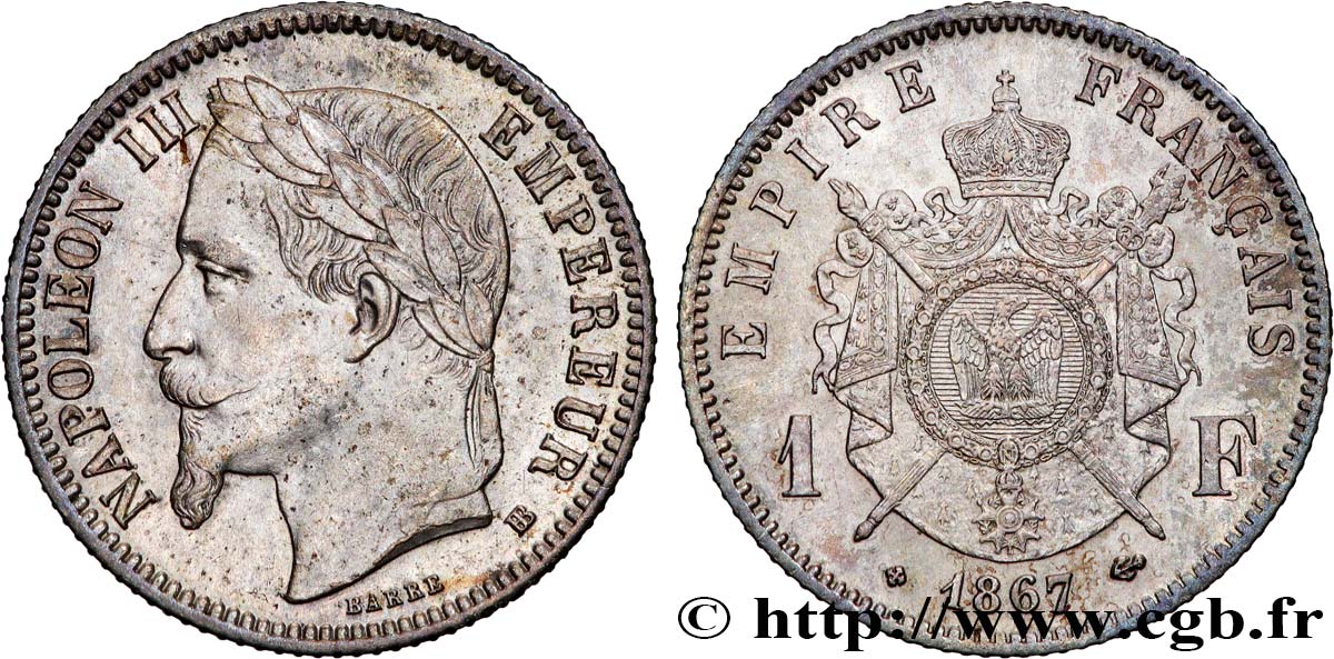 1 franc Napoléon III, tête laurée 1867 Strasbourg F.215/7 SUP58 