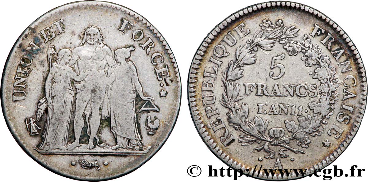 5 francs Union et Force, Union serré, seulement glands intérieurs 1803 Paris F.288/190 VF 