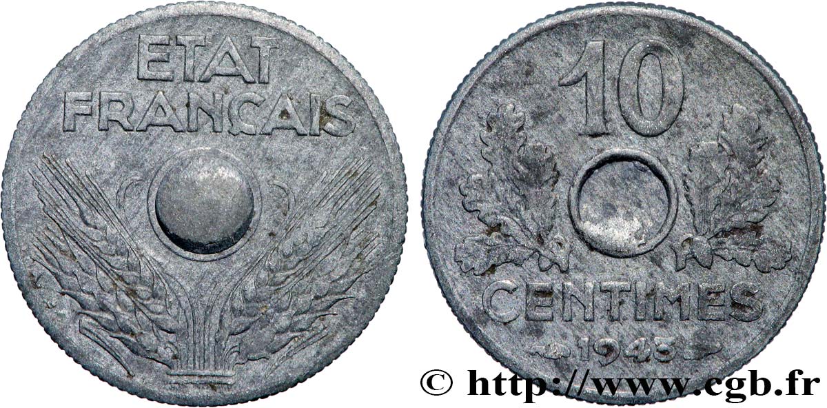 10 centimes État français, petit module, non perforé 1943  F.142/2 var. VF 
