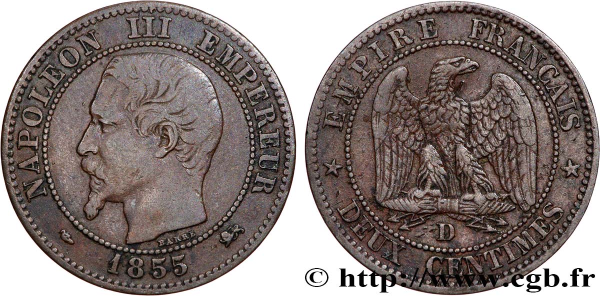 Deux centimes Napoléon III, tête nue, différent Levrette, Grand D et Grand Lyon 1855 Lyon F.107/25 S 