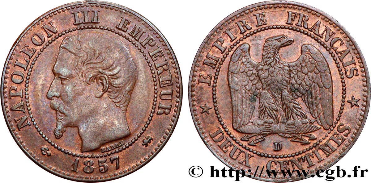 Deux centimes Napoléon III, tête nue, petit D et petit lion 1857 Lyon F.107/48 SS45 