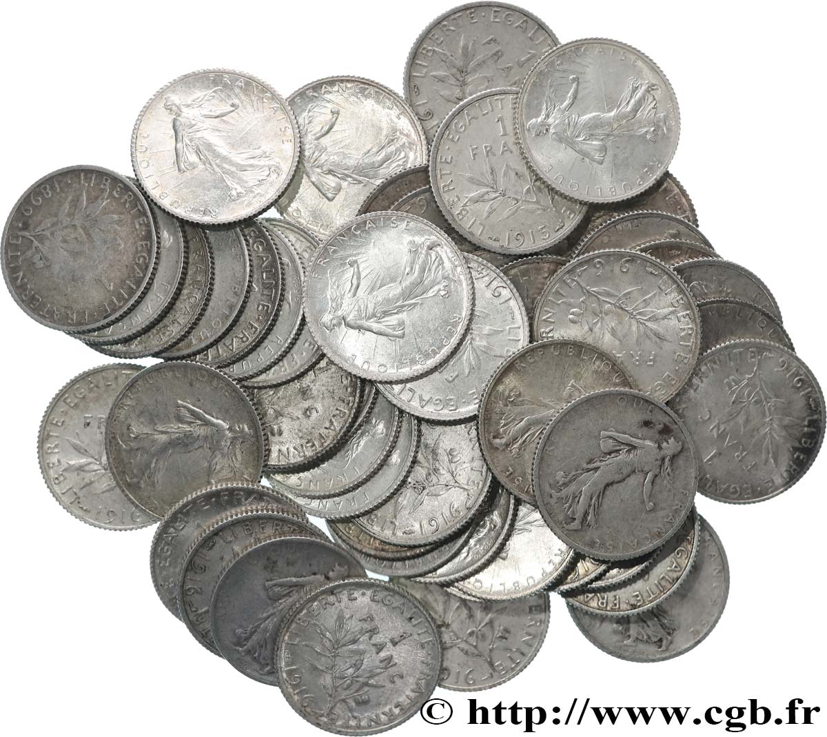 Lot de 50 pièces de 1 franc Semeuse, argent n.d. Paris F.217/- VG/XF 