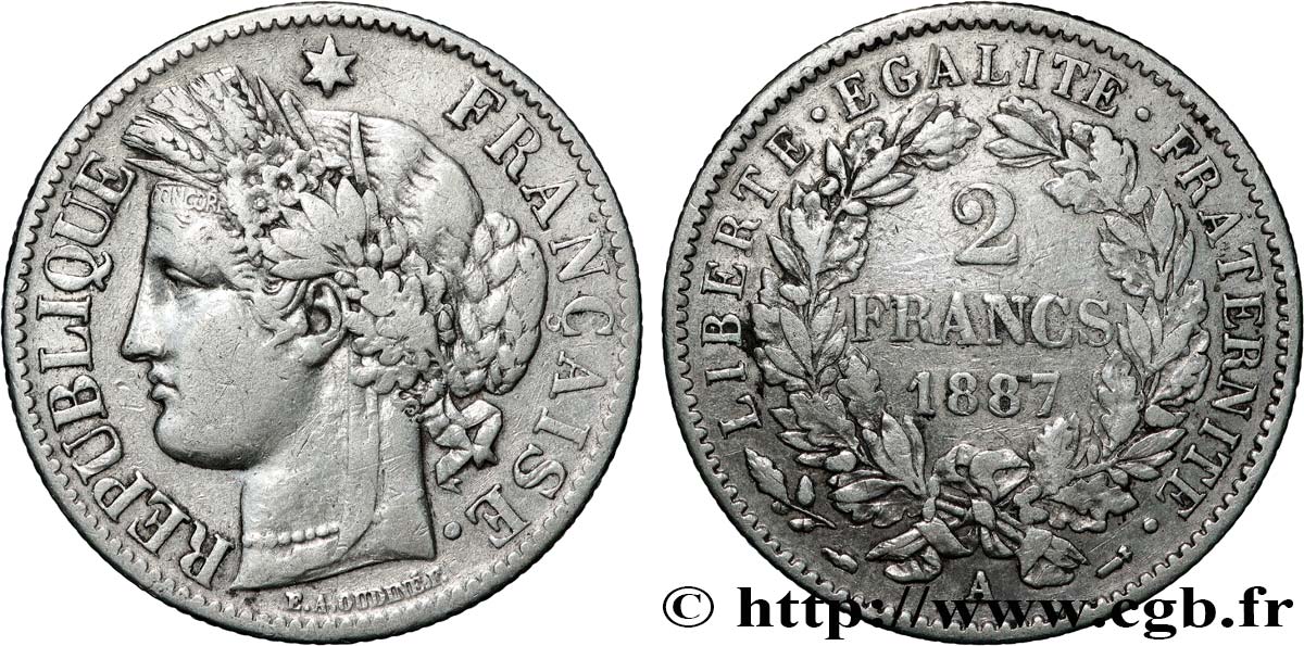 2 francs Cérès, avec légende 1887 Paris F.265/13 VF