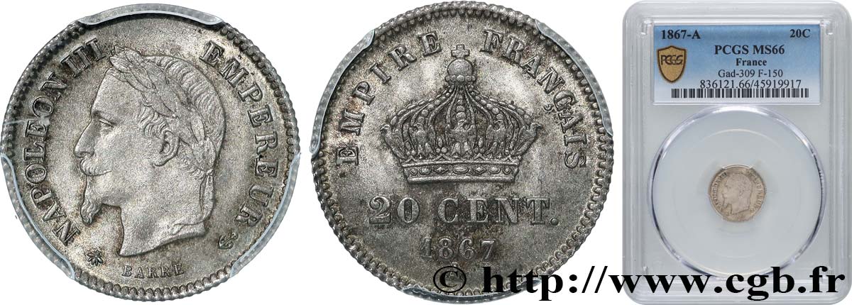 20 centimes Napoléon III, tête laurée, grand module 1867 Paris F.150/1 FDC66 PCGS