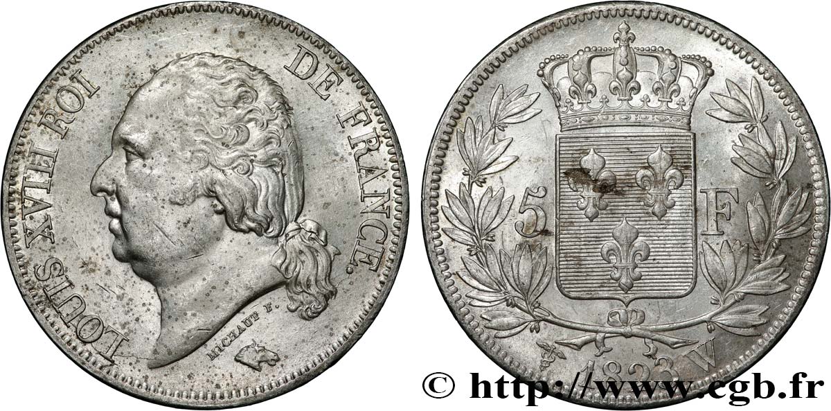 5 francs Louis XVIII, tête nue 1823 Lille F.309/87 BC+ 