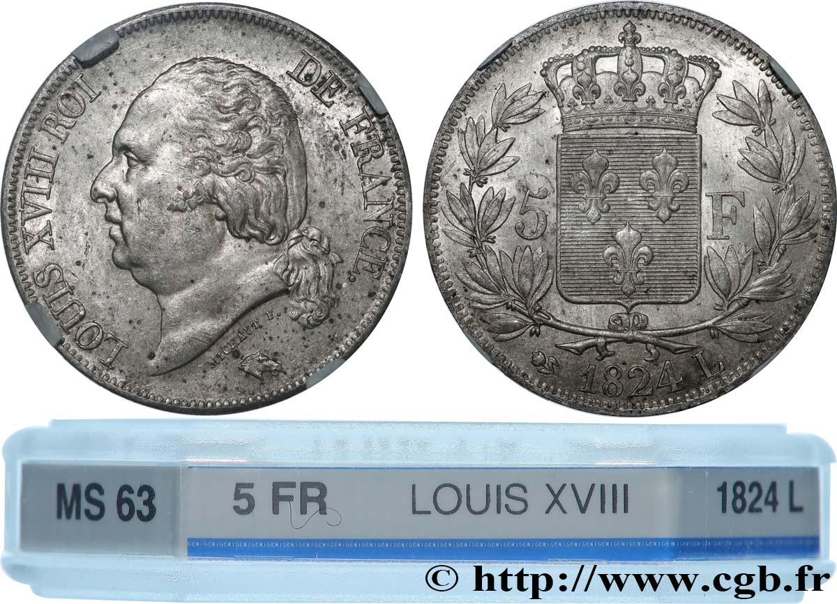 5 francs Louis XVIII, tête nue 1824 Bayonne F.309/94 MS63 GENI