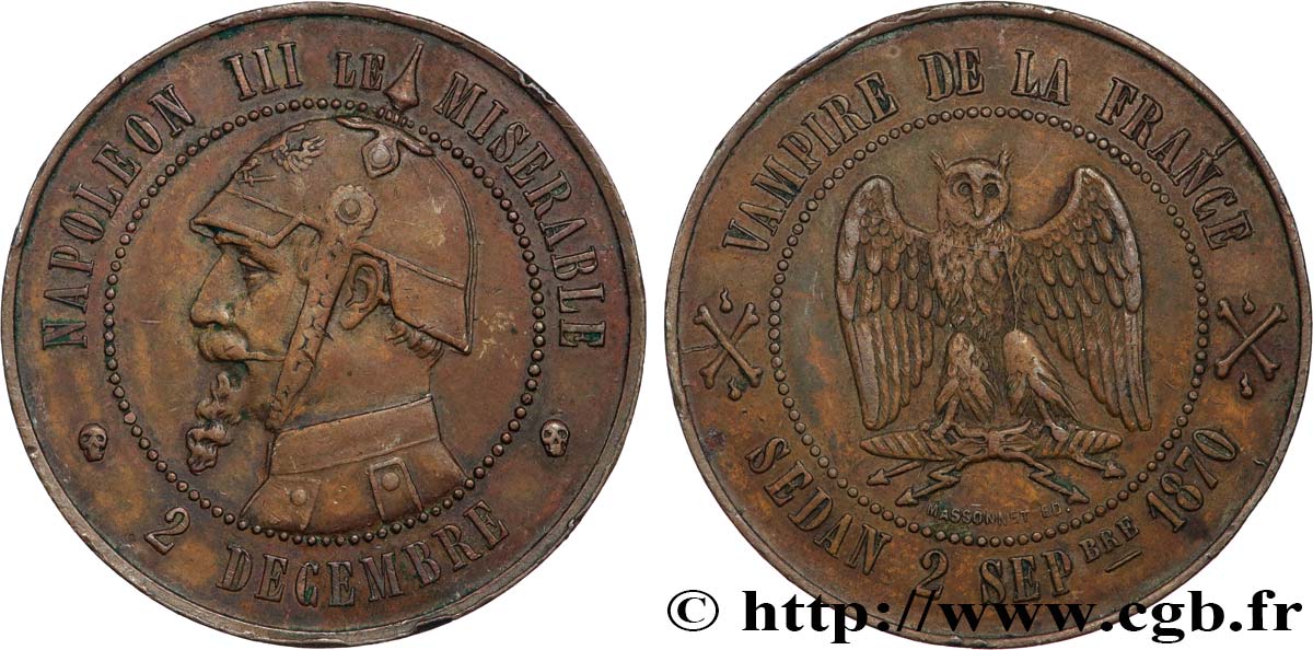 Médaille satirique Cu 32, type F “Au hibou” 1870  Schw.F1a  TTB+ 