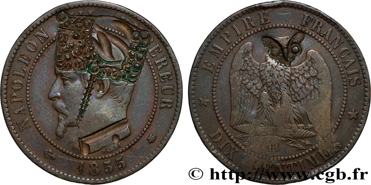 Dix centimes Napoléon III, tête nue, satirique 1855 Strasbourg F.133/24 var. TTB 
