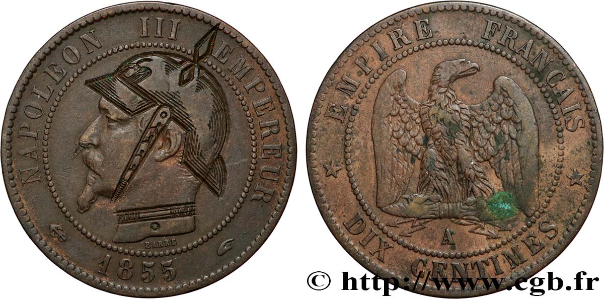 Dix centimes Napoléon III, tête nue, satirique, Jugulaire en pointe 1855 Paris F.133/20 var. fSS 