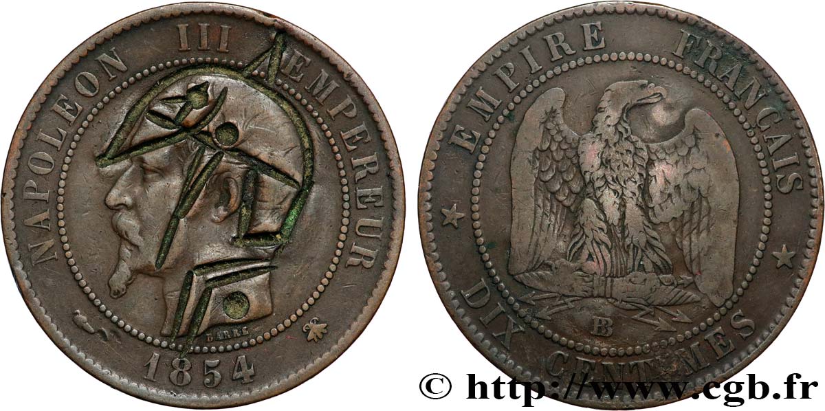 Dix centimes Napoléon III, tête nue, satirique 1854 Strasbourg F.133/14 var. MB 