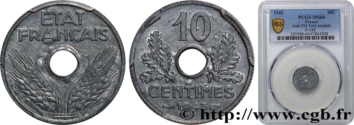 10 centimes État français, petit module 1943  F.142/2 SPL64 PCGS