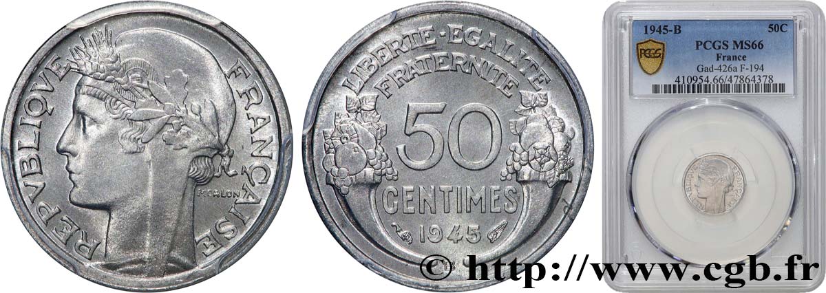 50 centimes Morlon, légère 1945 Beaumont-le-Roger F.194/6 MS66 PCGS