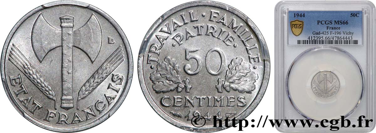50 centimes Francisque, légère 1944  F.196/4 FDC66 PCGS