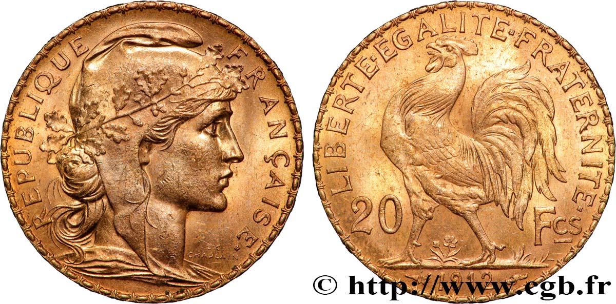 20 francs or Coq, Liberté Égalité Fraternité 1912 Paris F.535/6 SUP