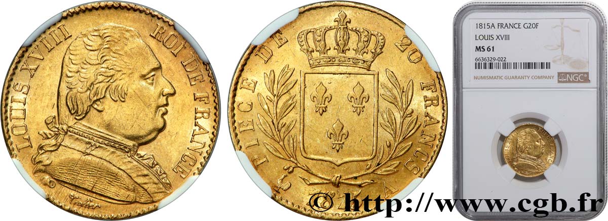 20 francs or Louis XVIII, buste habillé 1815 Paris F.517/10 MS61 NGC