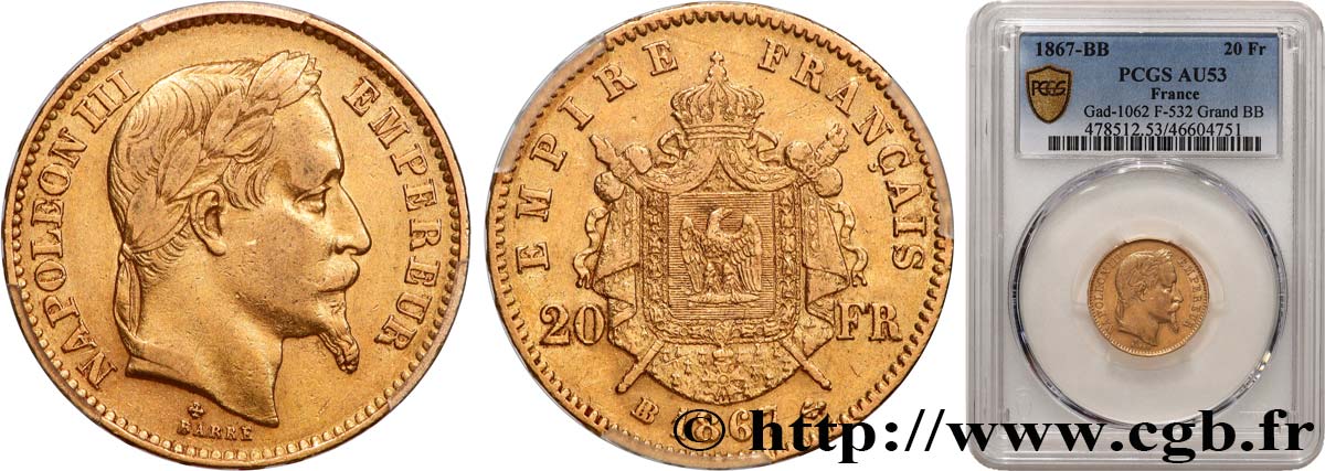 20 francs or Napoléon III, tête laurée, Grand BB 1867 Strasbourg F.532/17 BB53 PCGS