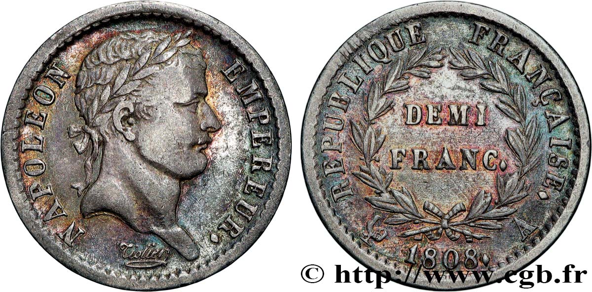 Demi franc Napoléon Ier tête laurée République française 1808 Paris F