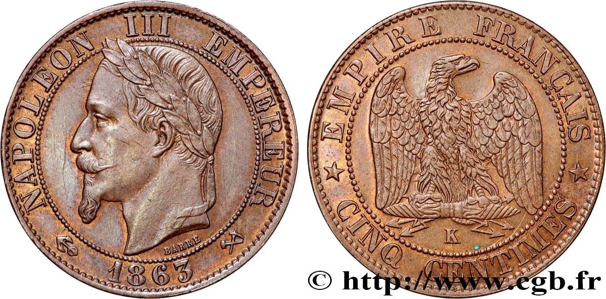 Cinq centimes Napoléon III, tête laurée 1863 Bordeaux F.117/12 SUP 