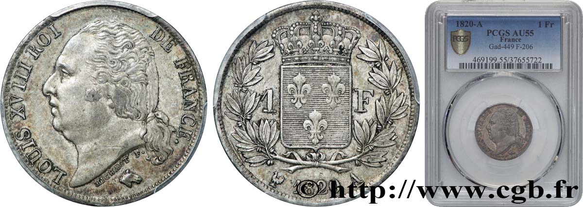 1 franc Louis XVIII 1820 Paris F.206/30 SUP55 PCGS