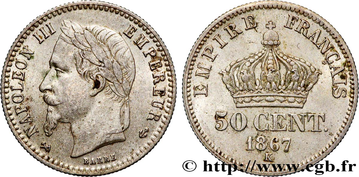 50 centimes Napoléon III, tête laurée 1867 Bordeaux F.188/18 MBC53 