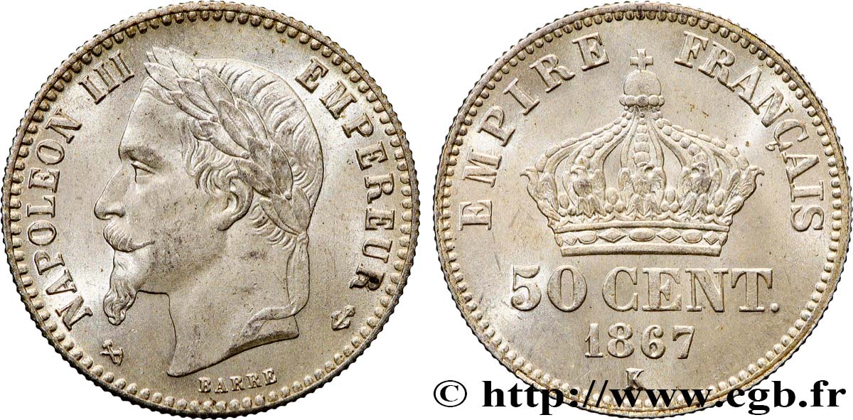 50 centimes Napoléon III, tête laurée 1867 Bordeaux F.188/18 MS64 