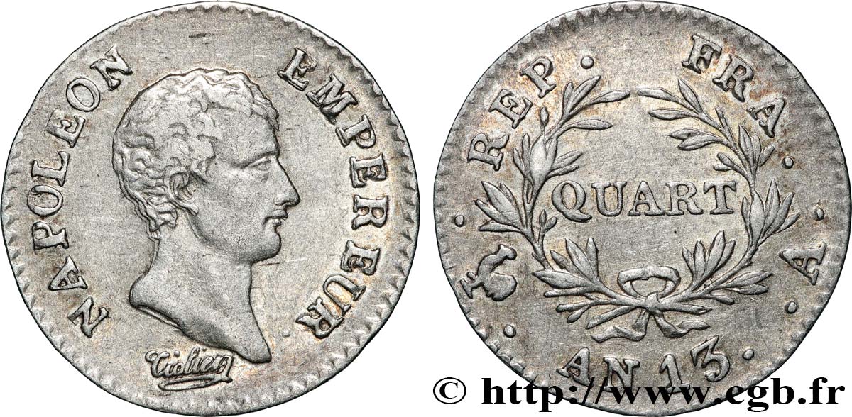 Quart (de franc) Napoléon Empereur, Calendrier révolutionnaire 1805 Paris F.158/8 SS 