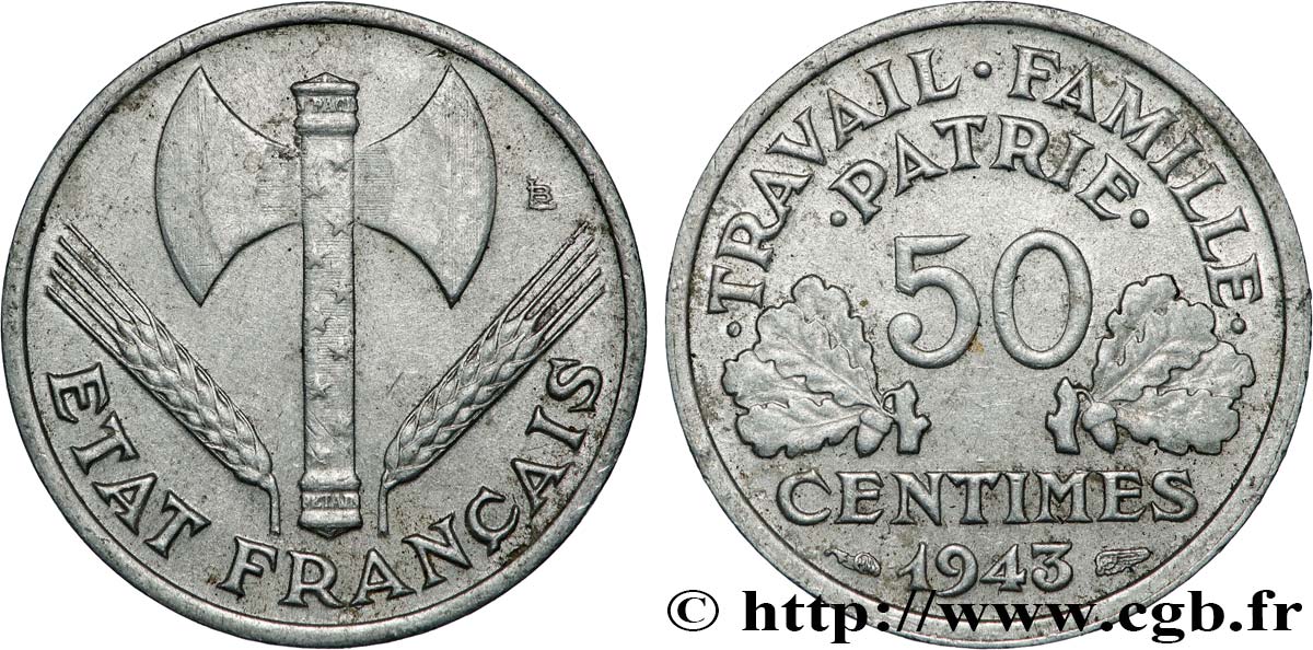 50 centimes Francisque, légère 1943 F.196/2 SUP