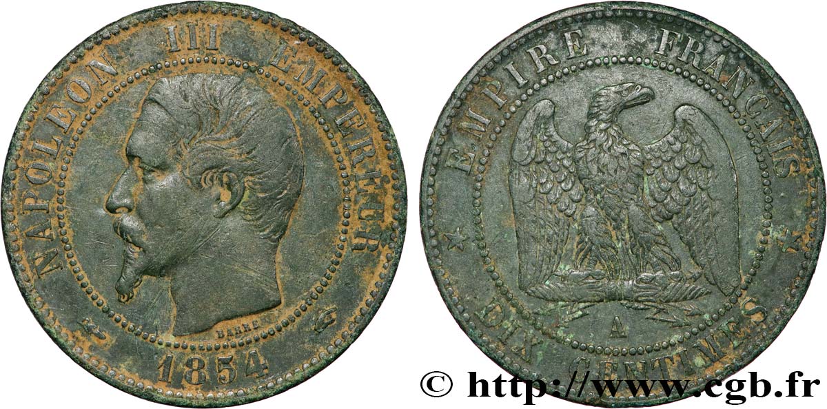 Dix centimes Napoléon III, tête nue 1854 Paris F.133/11 TB