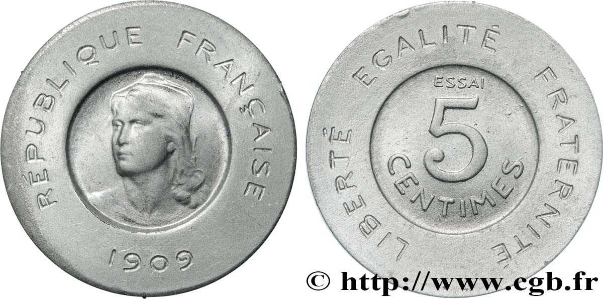 Essai de 5 centimes Rude en aluminium 1909 Paris GEM.15 8 SPL64 