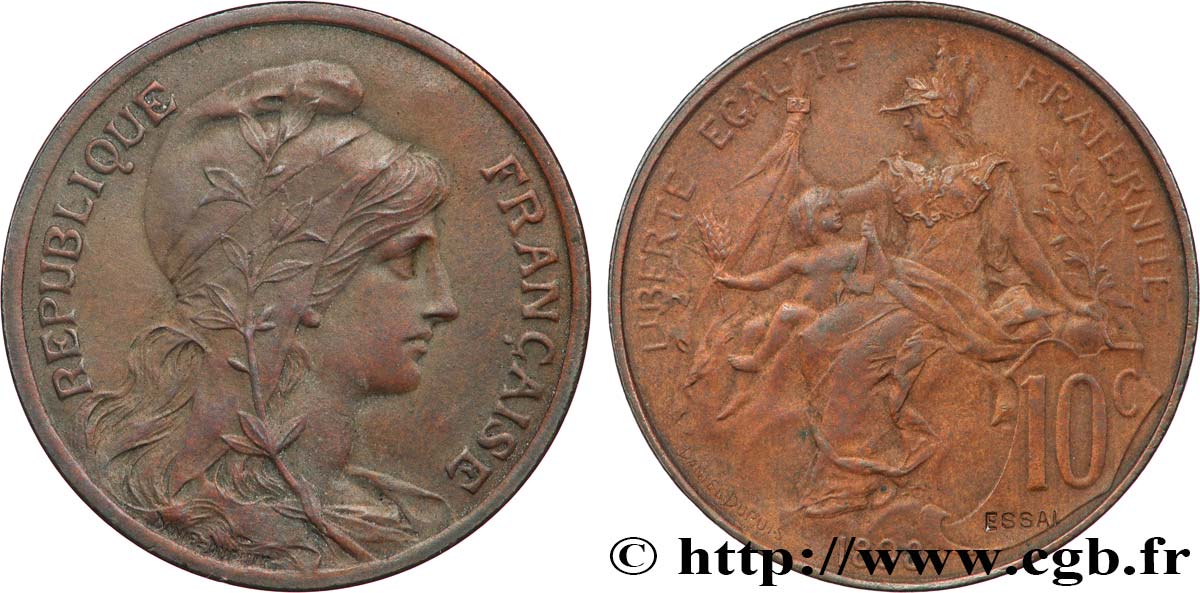 Essai de 10 centimes Daniel-Dupuis en bronze, flan mat, ESSAI en creux 1898 Paris GEM.34 9 MS63 