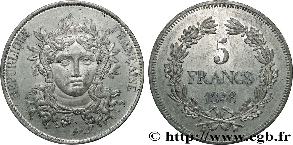 Concours de 5 francs, essai en étain par Gayrard, troisième concours 1848 Paris VG.3078 var. SPL62 