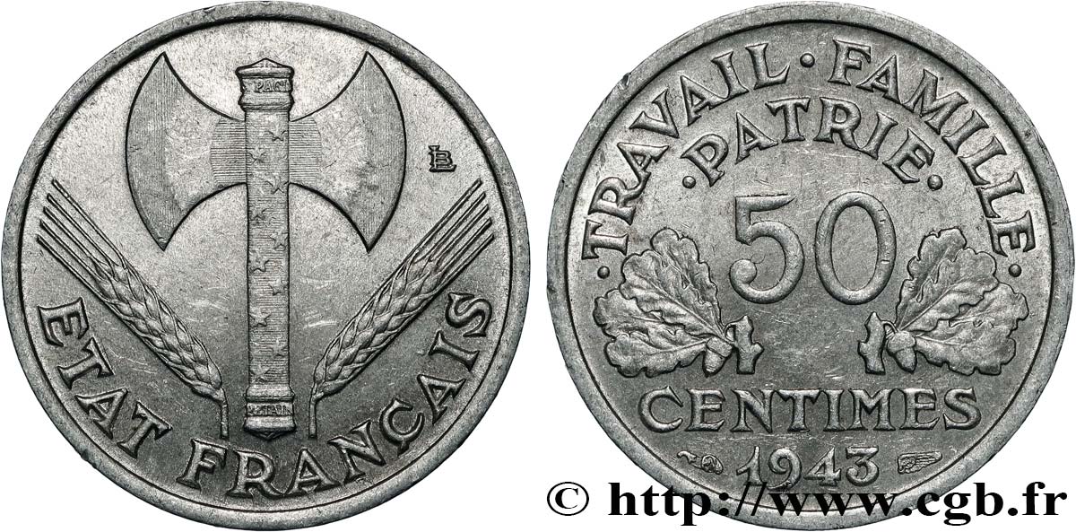 50 centimes Francisque, légère 1943 F.196/2 SUP