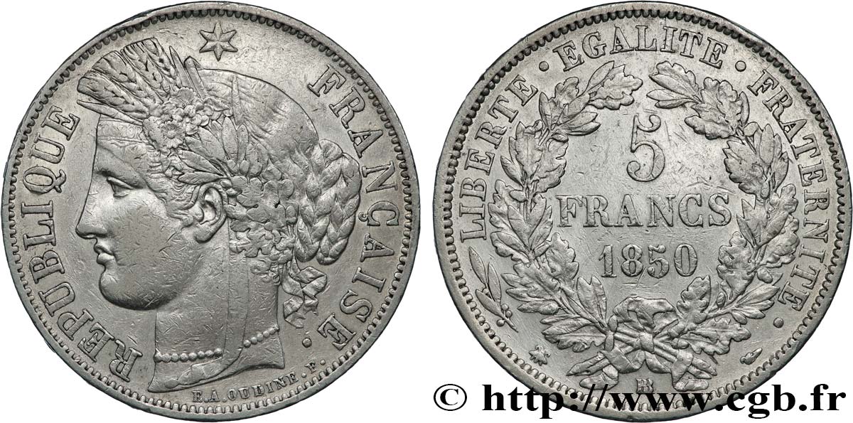 5 francs Cérès, IIe République 1850 Strasbourg F.327/5 TB+ 