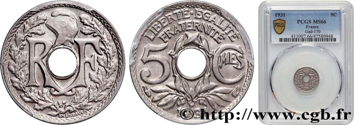 5 centimes Lindauer, petit module 1931 Paris F.122/14 FDC66 PCGS