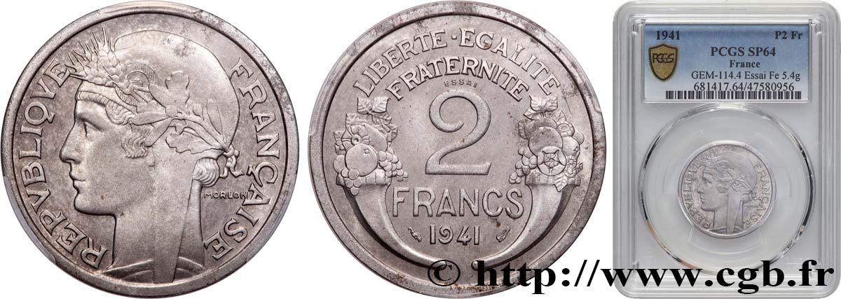 Essai en fer de 2 francs Morlon, flan épais 1941 Paris GEM.114 4 SPL64 PCGS